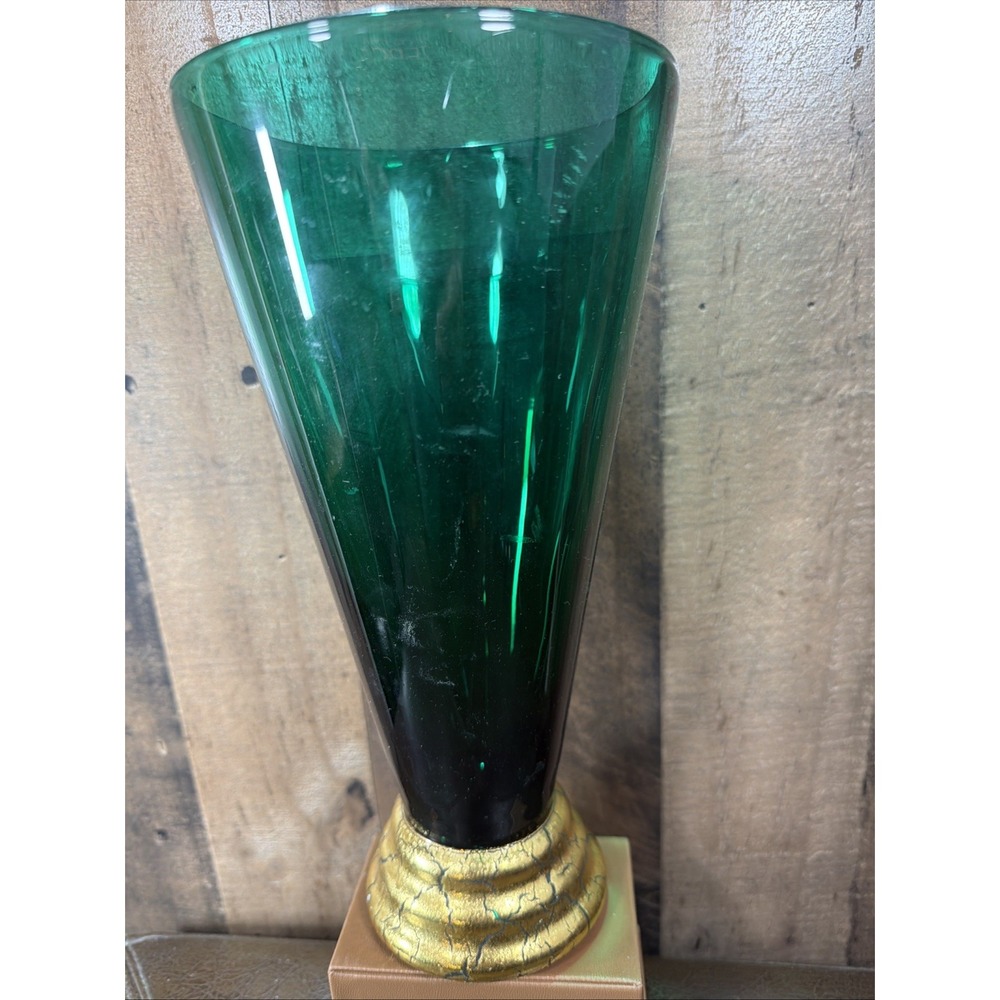 Cristallerie Emerald Green Glass Trumpet Vase Gilded Pedestal Base Vtg Italy 11"
